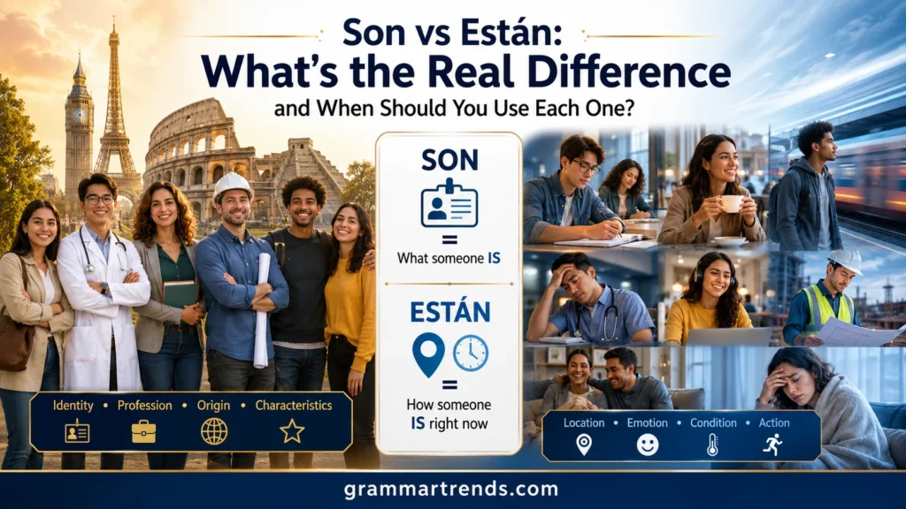 Son vs Están comparison showing permanent identity versus temporary states in Spanish grammar with real-life examples of ser and estar usage.