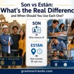 Son vs Están comparison showing permanent identity versus temporary states in Spanish grammar with real-life examples of ser and estar usage.