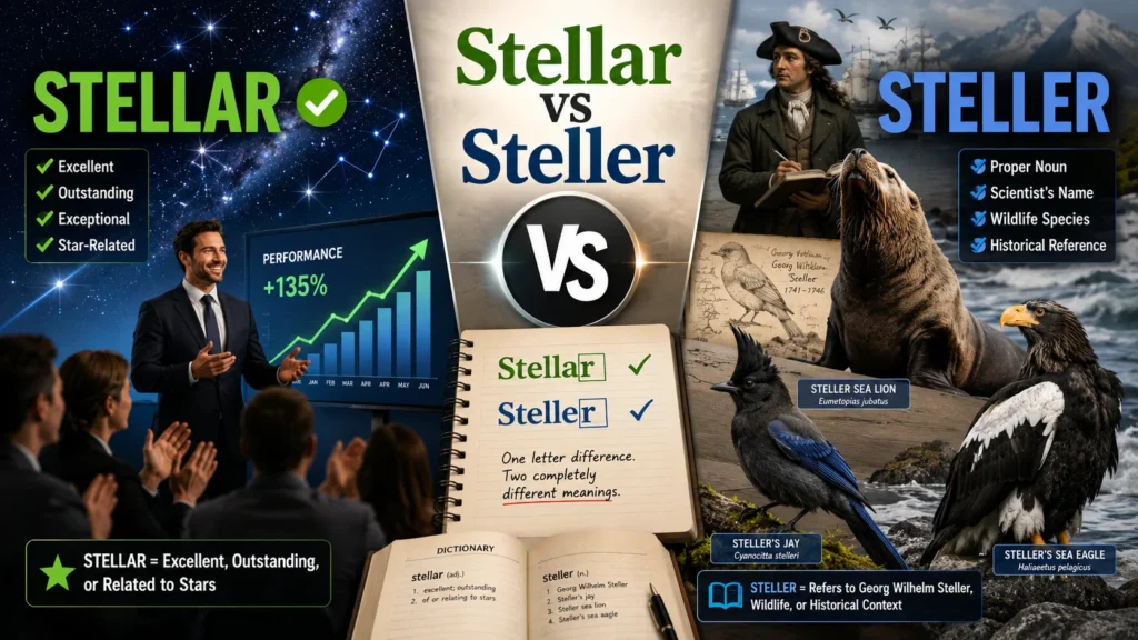 Split-screen comparison showing Stellar as excellence and star-related success versus Steller as the surname associated with wildlife species including the Steller sea lion, Steller’s jay, and Steller’s sea eagle.