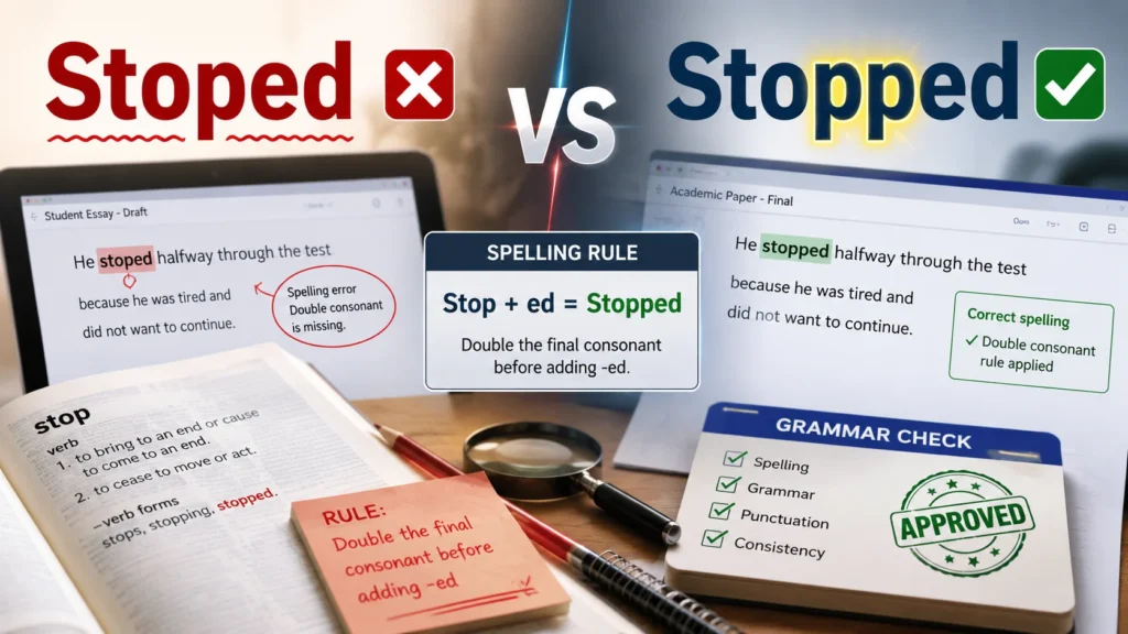 Side-by-side comparison of Stoped and Stopped showing the incorrect spelling versus the correct double-consonant form with grammar and proofreading elements.