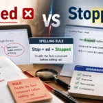 Side-by-side comparison of Stoped and Stopped showing the incorrect spelling versus the correct double-consonant form with grammar and proofreading elements.