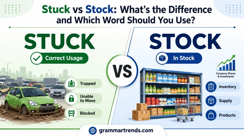 Illustration comparing Stuck vs Stock with a car stuck in traffic and store shelves full of inventory, explaining the difference between the two commonly confused English words.