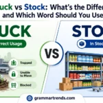 Illustration comparing Stuck vs Stock with a car stuck in traffic and store shelves full of inventory, explaining the difference between the two commonly confused English words.