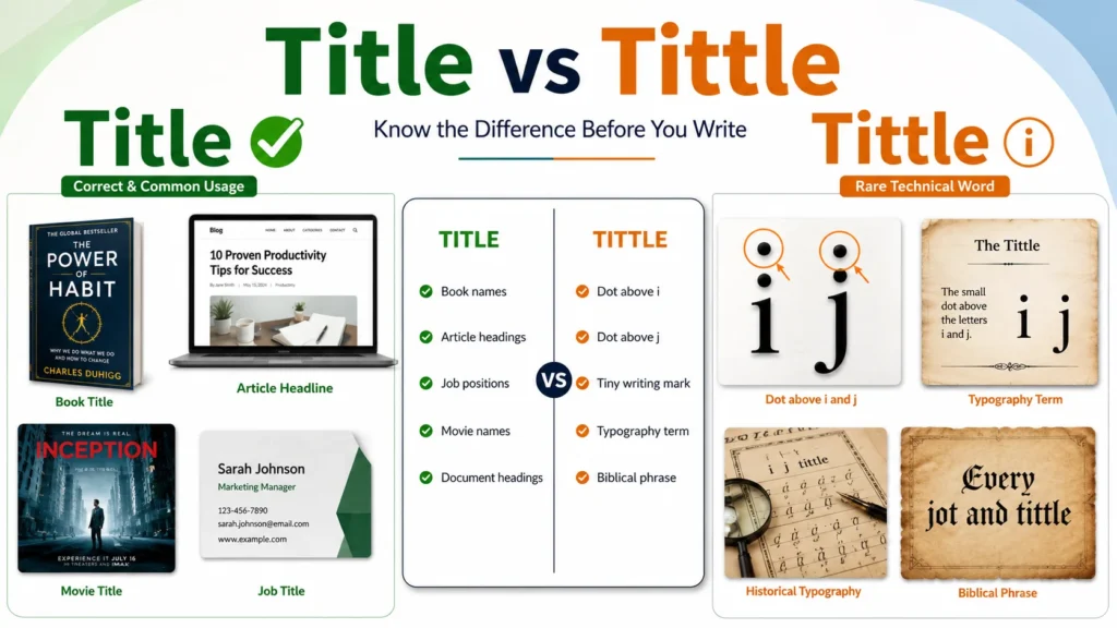 Feature image comparing Title vs Tittle, showing Title as the correct word for headings and names, and Tittle as the tiny dot above the letters i and j in English typography.