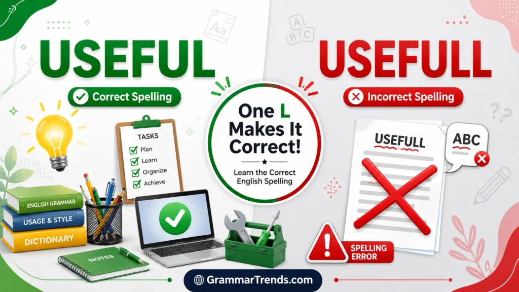 Useful vs Usefull comparison image showing the correct spelling "Useful" and the incorrect spelling "Usefull" with grammar illustrations.
