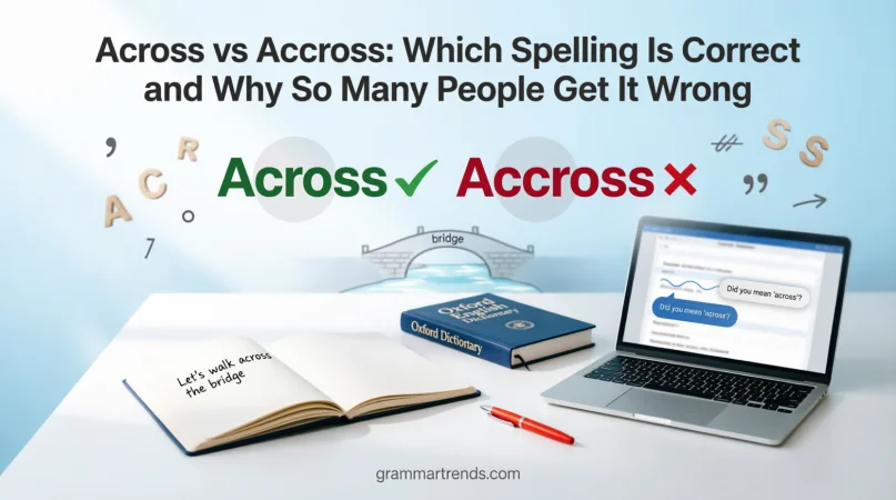 Across vs Accross spelling comparison showing that "Across" is correct and "Accross" is incorrect with grammar and proofreading visuals.