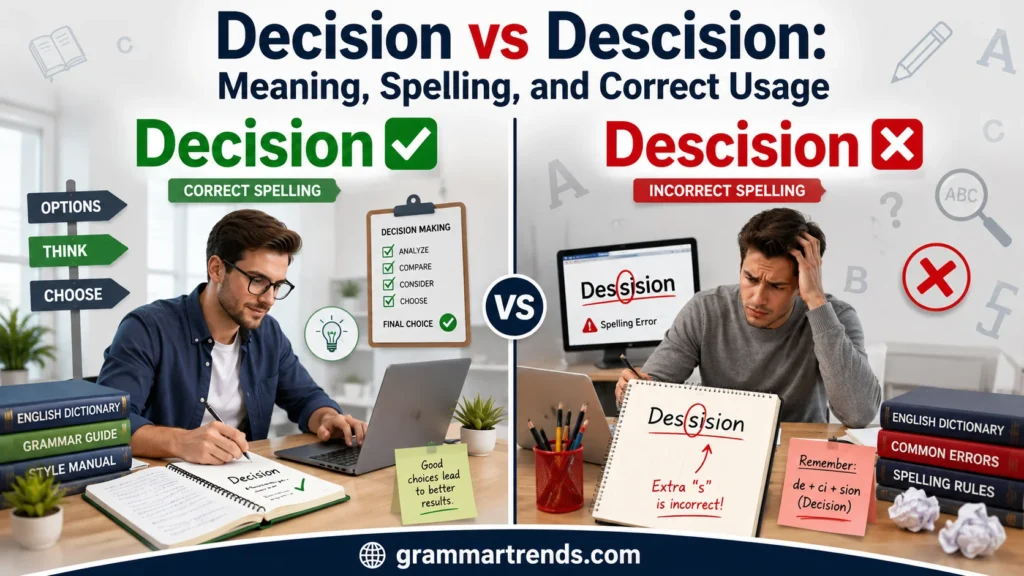 Split-screen comparison showing Decision (correct spelling) with a green checkmark and Descision (incorrect spelling) with a red X in a realistic grammar education scene.