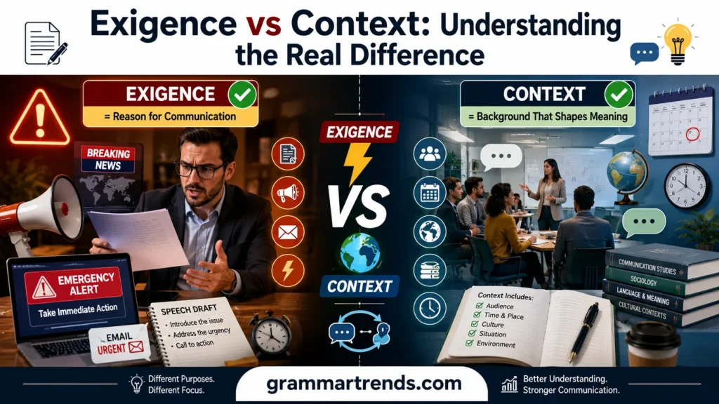 Split-screen illustration comparing Exigence and Context in communication, showing urgency versus surrounding circumstances with educational visuals.