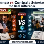 Split-screen illustration comparing Exigence and Context in communication, showing urgency versus surrounding circumstances with educational visuals.