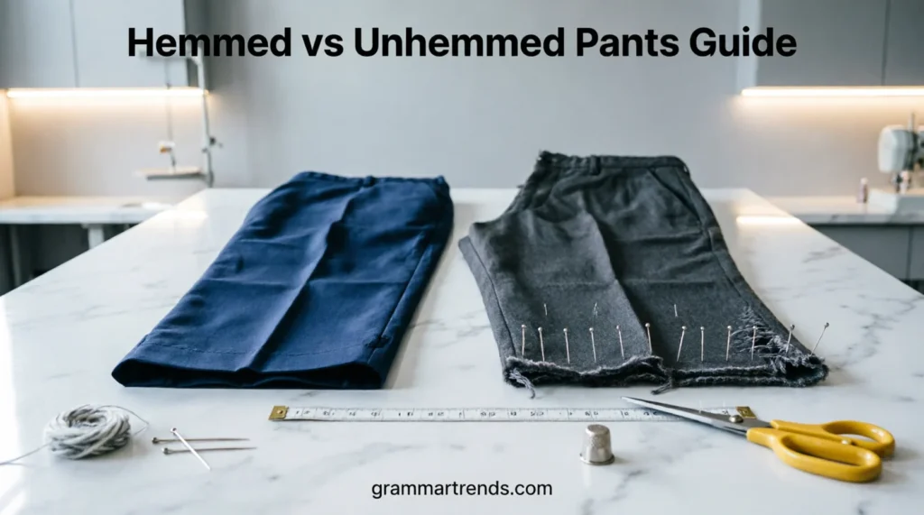 Hemmed vs Unhemmed Pants comparison showing tailored trousers, raw edges, and perfect clothing fit guide