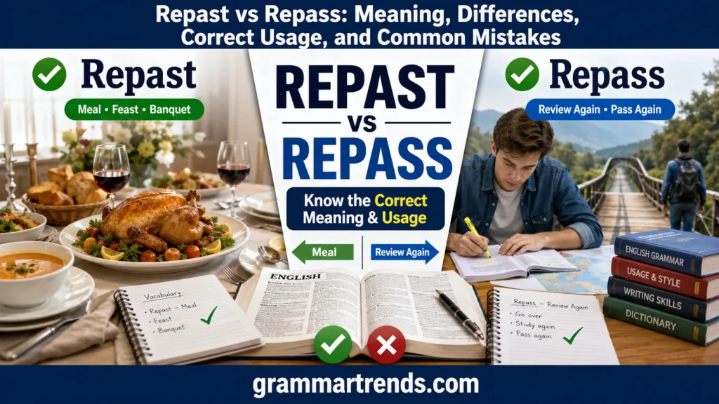 Repast vs Repass comparison showing Repast as a meal or feast and Repass as passing or reviewing something again with clear grammar examples.