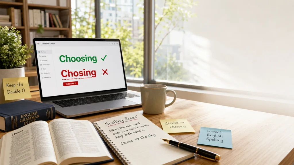 Choosing vs Chosing comparison displayed on a laptop with Choosing marked correct and Chosing marked incorrect in a modern grammar editing workspace.