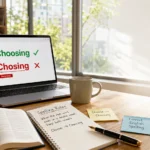 Choosing vs Chosing comparison displayed on a laptop with Choosing marked correct and Chosing marked incorrect in a modern grammar editing workspace.