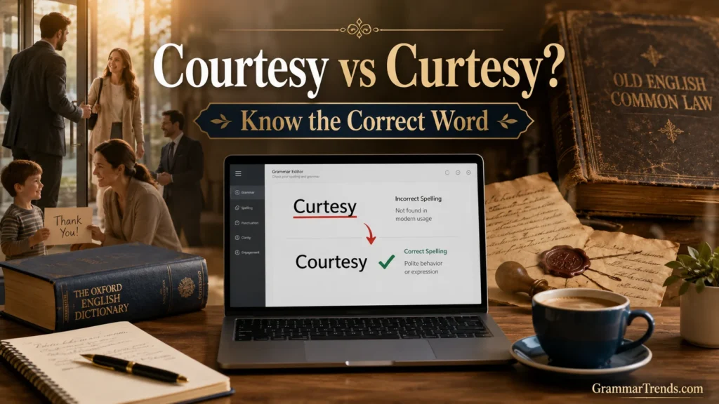 Feature image comparing Courtesy vs Curtesy, showing the correct spelling "Courtesy" in a grammar editor alongside symbols of politeness and historical English law.