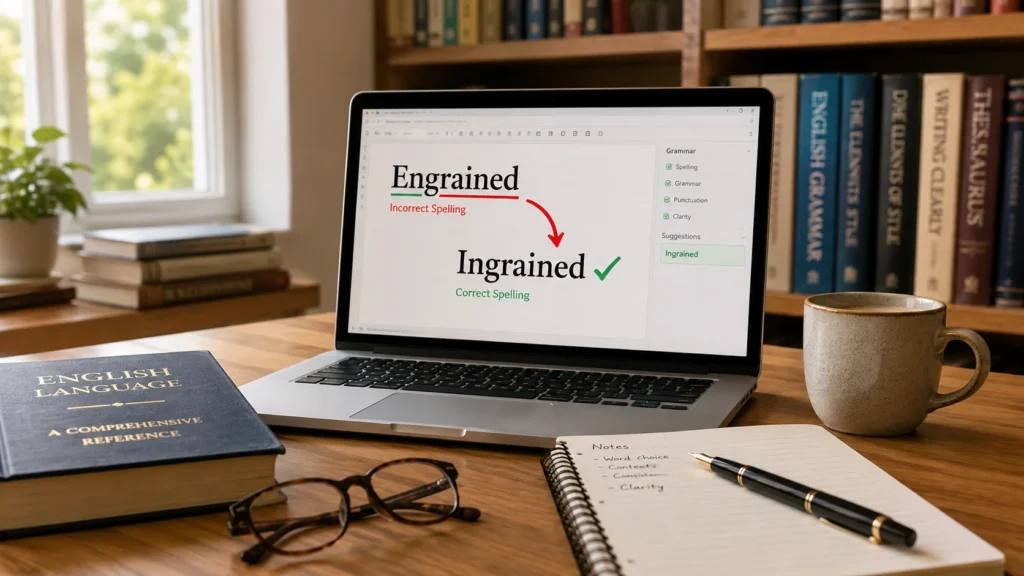 Grammar editor correcting Engrained to Ingrained on a laptop in a modern writing workspace.