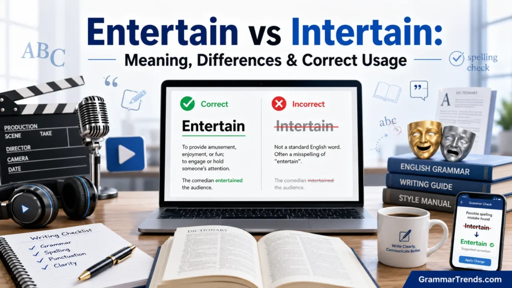 Feature image comparing Entertain vs Intertain with Entertain marked as the correct spelling and Intertain shown as incorrect in a modern grammar editing workspace.
