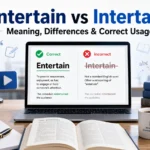 Feature image comparing Entertain vs Intertain with Entertain marked as the correct spelling and Intertain shown as incorrect in a modern grammar editing workspace.