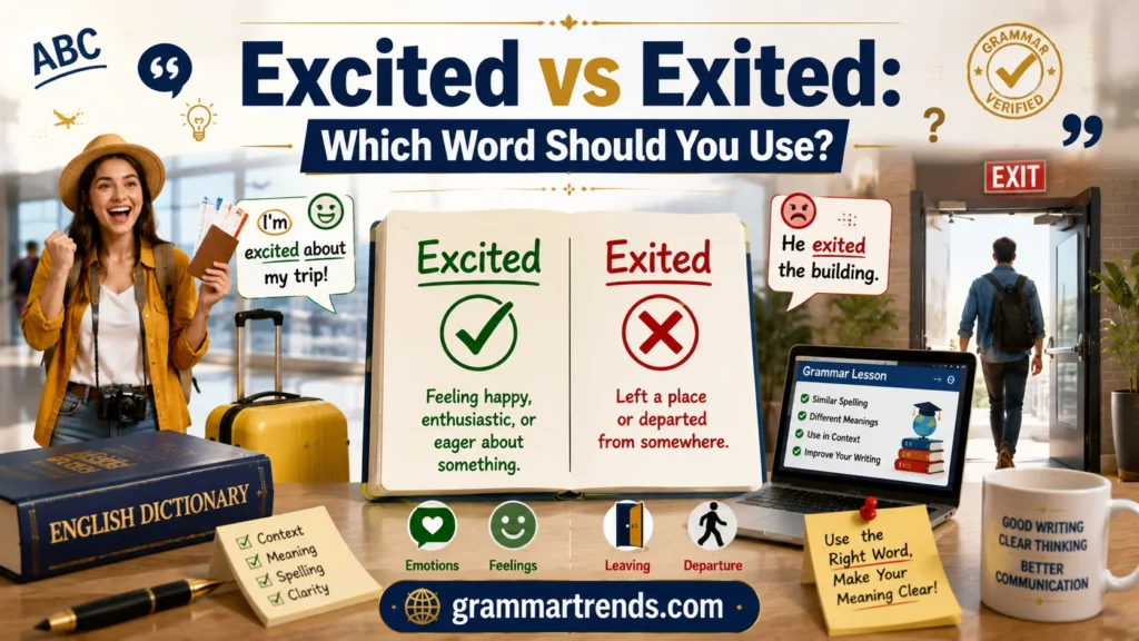 Open notebook showing Excited marked correct and Exited highlighted as incorrect in an emotional context, alongside an EXIT door illustration on a modern grammar study desk.