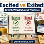 Open notebook showing Excited marked correct and Exited highlighted as incorrect in an emotional context, alongside an EXIT door illustration on a modern grammar study desk.