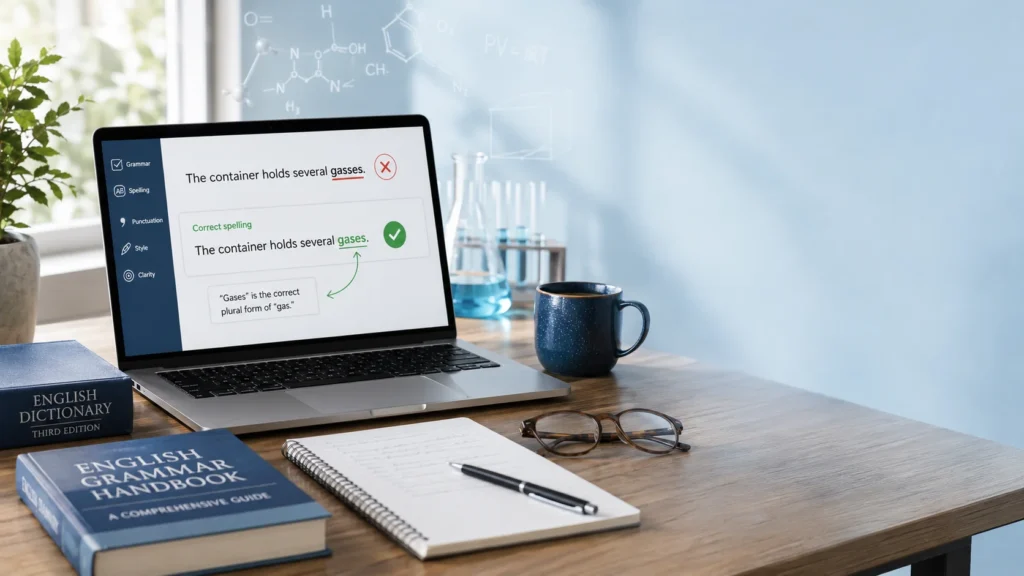 Laptop displaying the grammar correction from "Gasses" to "Gases" on a modern desk with science-themed elements in the background.