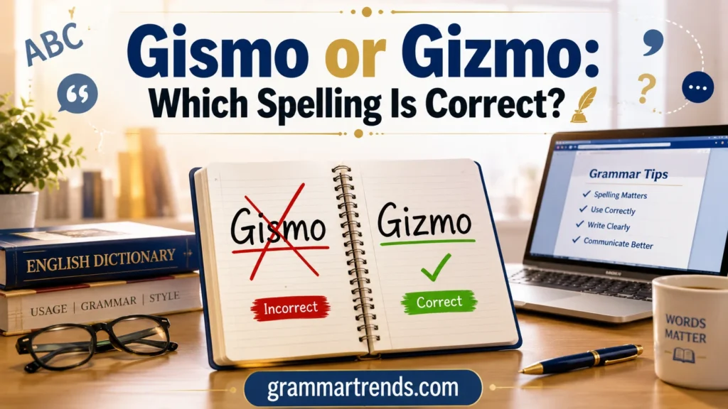 Notebook showing Gismo crossed out and Gizmo marked correct beside a laptop and dictionary for an English spelling guide.