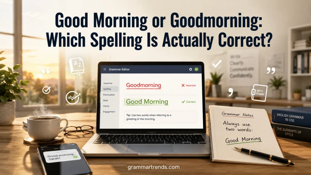 Good Morning or Goodmorning grammar comparison showing the correct two-word spelling on a laptop in a modern office workspace.