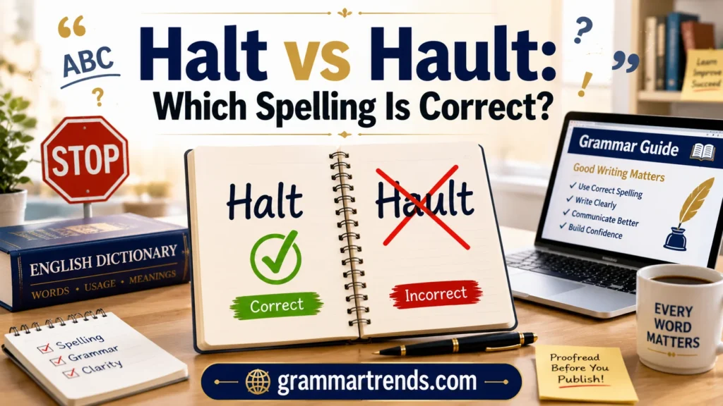 Open notebook showing Halt marked correct and Hault crossed out on a modern writer's desk with a dictionary, laptop, and grammar study tools.