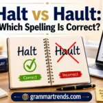 Open notebook showing Halt marked correct and Hault crossed out on a modern writer's desk with a dictionary, laptop, and grammar study tools.