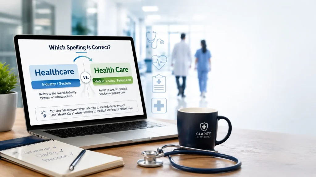 Healthcare vs Health Care comparison displayed on a laptop grammar editor with medical office background, illustrating the correct usage of each term.
