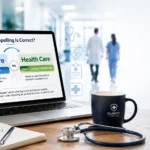 Healthcare vs Health Care comparison displayed on a laptop grammar editor with medical office background, illustrating the correct usage of each term.