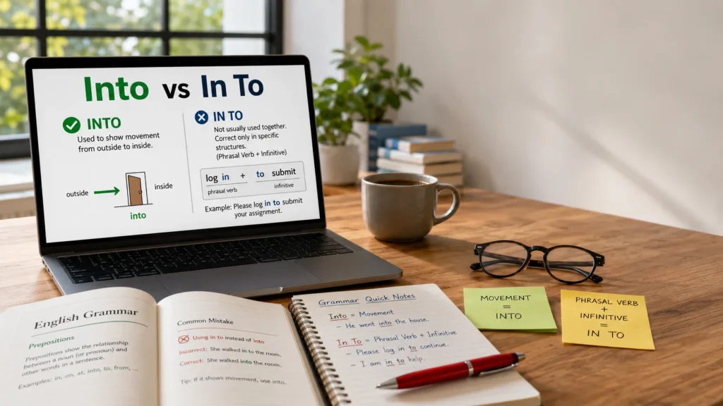 Laptop displaying the grammar comparison between Into vs In To with editing notes on a modern home office desk.