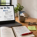Laptop displaying the grammar comparison between Into vs In To with editing notes on a modern home office desk.
