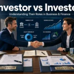 Investor and investee discussing a business investment agreement with financial charts, funding documents, ROI dashboard, and startup growth presentation in a modern corporate office.