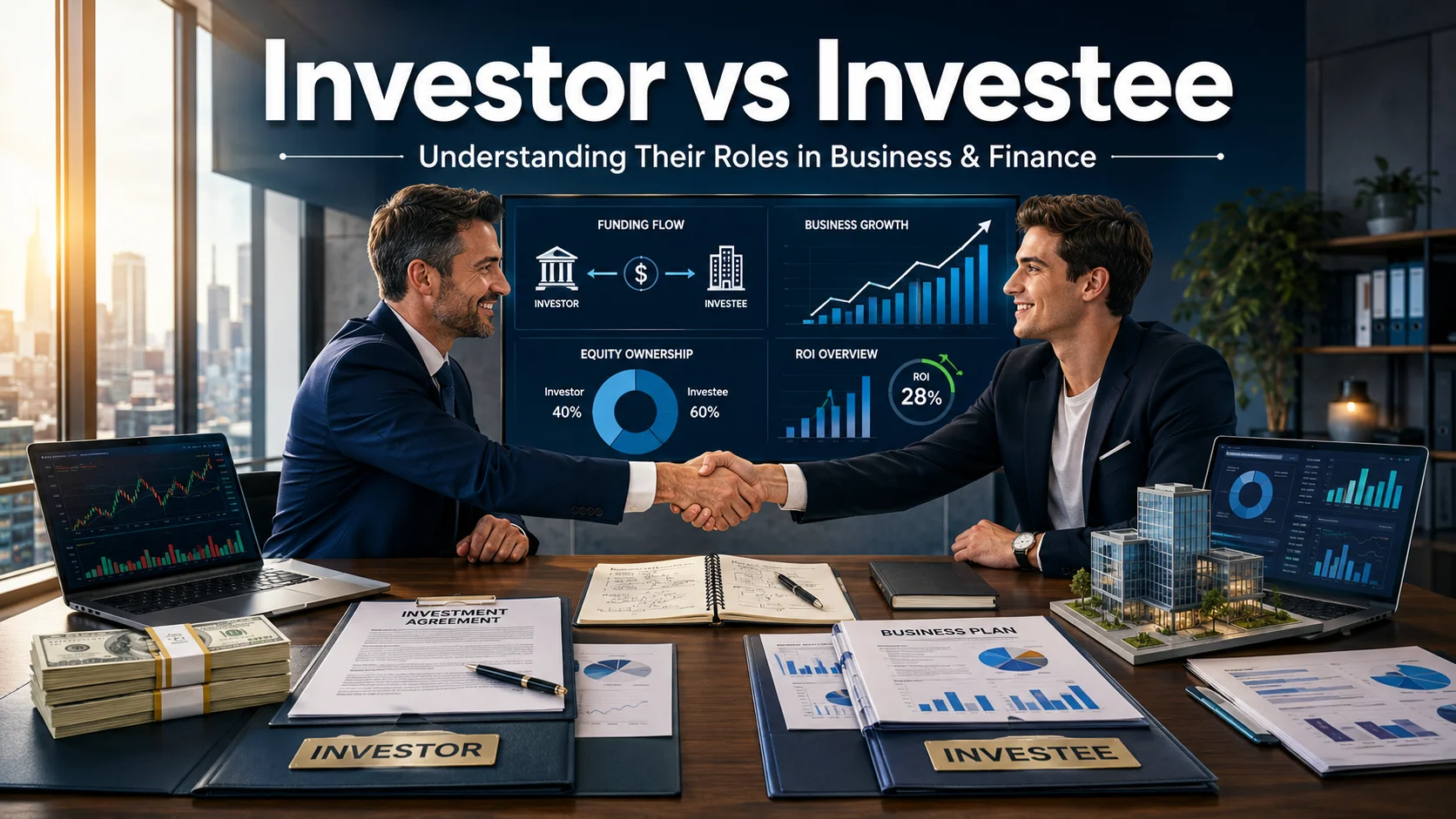 Investor and investee discussing a business investment agreement with financial charts, funding documents, ROI dashboard, and startup growth presentation in a modern corporate office.