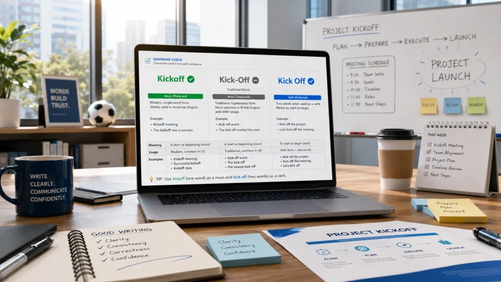 Modern office workspace showing the grammar difference between Kickoff, Kick-Off, and Kick Off with examples for meetings, projects, and professional English writing.