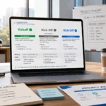 Modern office workspace showing the grammar difference between Kickoff, Kick-Off, and Kick Off with examples for meetings, projects, and professional English writing.