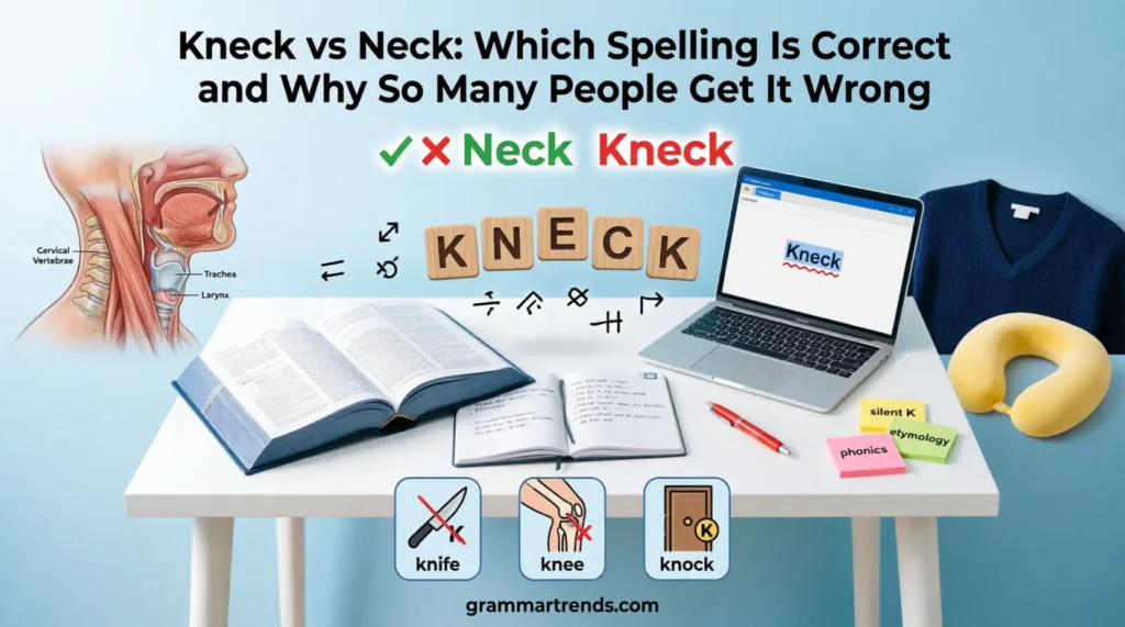 Kneck vs Neck feature image showing the correct spelling "Neck" with a green checkmark and incorrect spelling "Kneck" with a red cross, alongside grammar tools and neck-related illustrations.
