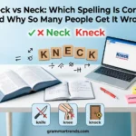 Kneck vs Neck feature image showing the correct spelling "Neck" with a green checkmark and incorrect spelling "Kneck" with a red cross, alongside grammar tools and neck-related illustrations.