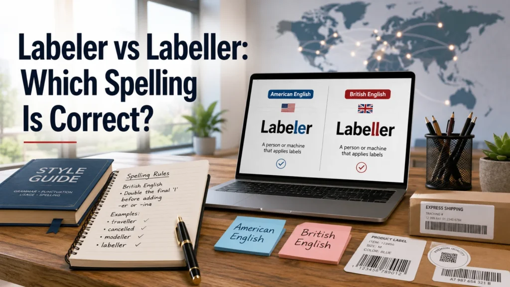 A modern workspace showing a laptop comparing the spellings Labeler and Labeller with USA and UK flags, grammar notes, packaging labels, and editing tools.