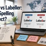 A modern workspace showing a laptop comparing the spellings Labeler and Labeller with USA and UK flags, grammar notes, packaging labels, and editing tools.