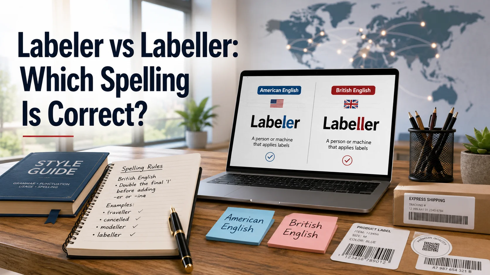 A modern workspace showing a laptop comparing the spellings Labeler and Labeller with USA and UK flags, grammar notes, packaging labels, and editing tools.