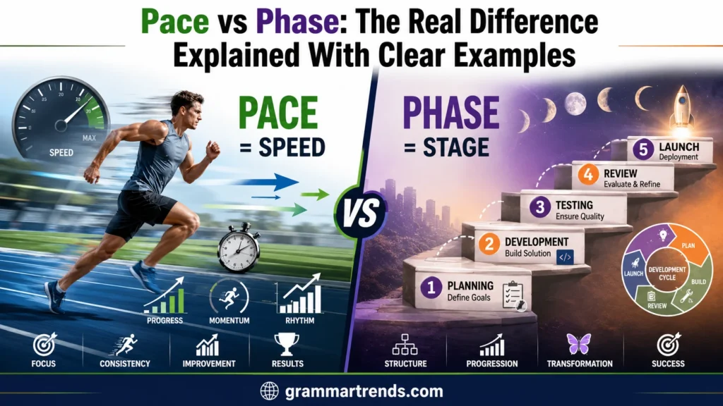 Pace vs Phase comparison showing speed, progress, and project stages with visual examples explaining the difference between pace and phase.