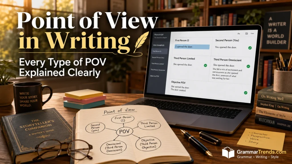 Modern writing workspace showing examples of first person, second person, third person limited, omniscient, and objective point of view on a laptop for a guide about point of view in writing.