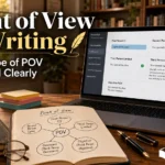 Modern writing workspace showing examples of first person, second person, third person limited, omniscient, and objective point of view on a laptop for a guide about point of view in writing.