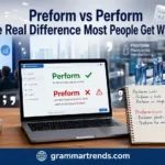 Preform vs Perform grammar comparison showing correct English usage alongside a factory preform example to explain the difference between the commonly confused words.