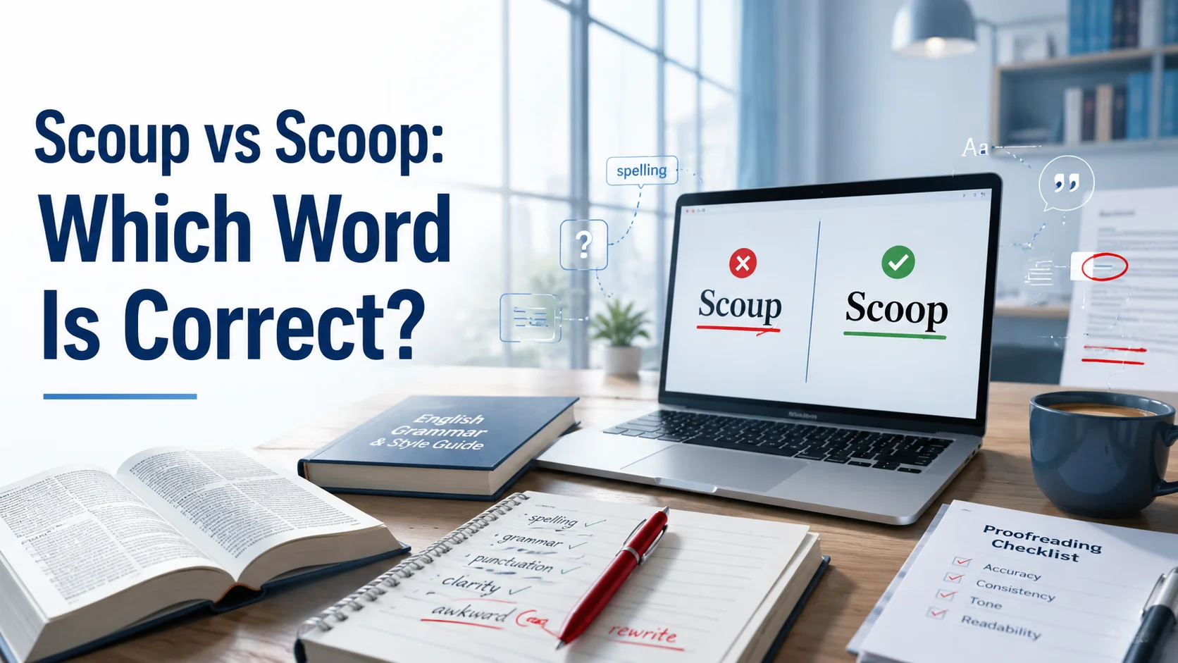 Scoup vs Scoop comparison showing the incorrect spelling "Scoup" and the correct word "Scoop" on a grammar editor in a modern workspace.