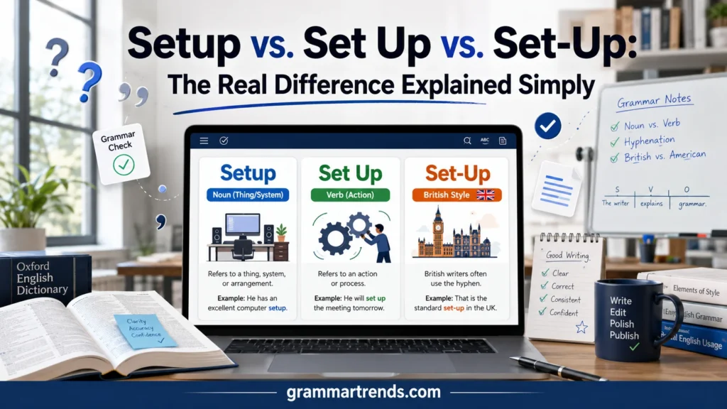Setup vs. Set Up vs. Set-Up grammar comparison showing the difference between the verb, noun, and British hyphenated form in modern English writing.