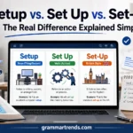 Setup vs. Set Up vs. Set-Up grammar comparison showing the difference between the verb, noun, and British hyphenated form in modern English writing.