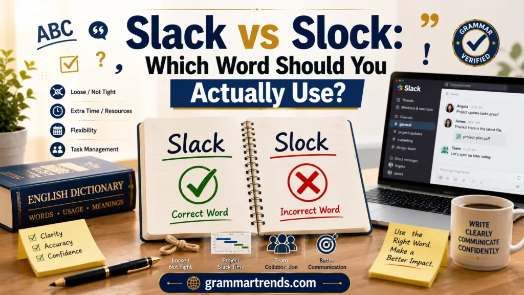 Open notebook showing Slack marked correct and Slock crossed out on a modern writer's desk with a laptop, dictionary, project management elements, and grammar study tools.