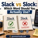 Open notebook showing Slack marked correct and Slock crossed out on a modern writer's desk with a laptop, dictionary, project management elements, and grammar study tools.